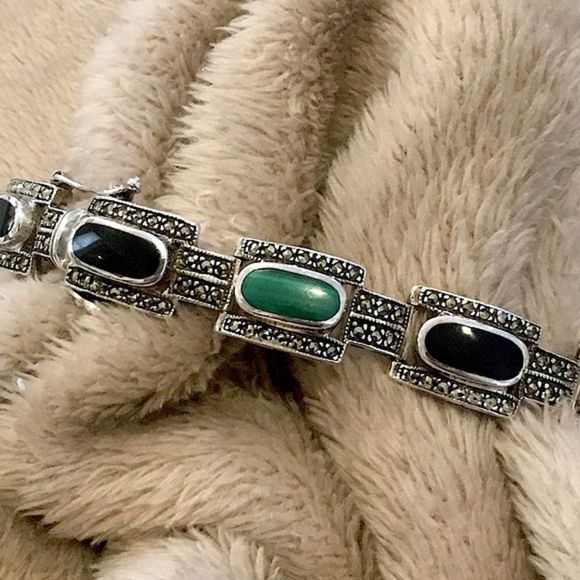 Art Deco Onyx Marcasite Malachite Sterling Silver Bracelet - Picture 7 of 13